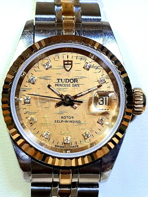 Tudor Princess Date 25mm – Two-Tone Gold Diamond Linen Dial (92413) Customized