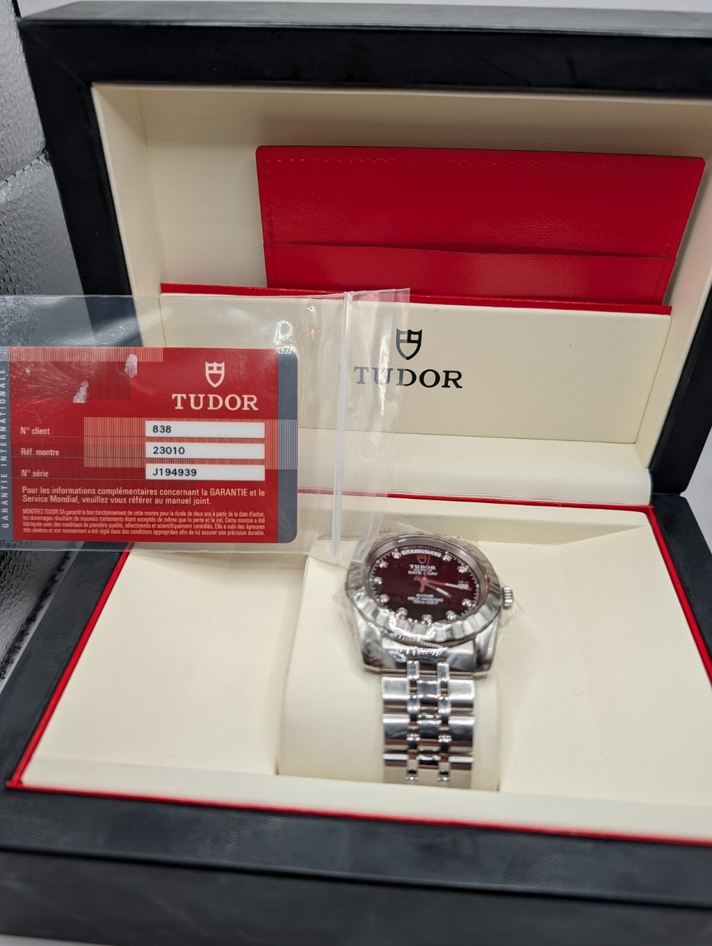 Tudor Classic Date+Day 39mm Black Factory Diamond Dial (Ref. 23010) – Box & Card