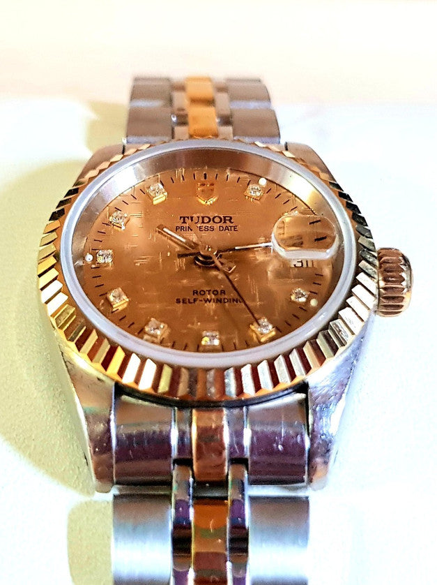 Tudor Princess Date 25mm – Two-Tone Gold Diamond Linen Dial (92413) Customized