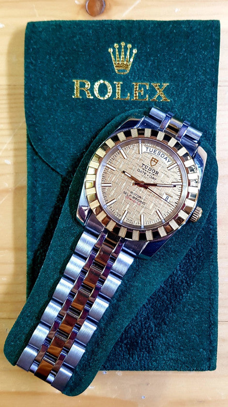 Tudor Classic Date+Day 41mm Gold Linen Dial Two-Tone Auto 23013 Customized