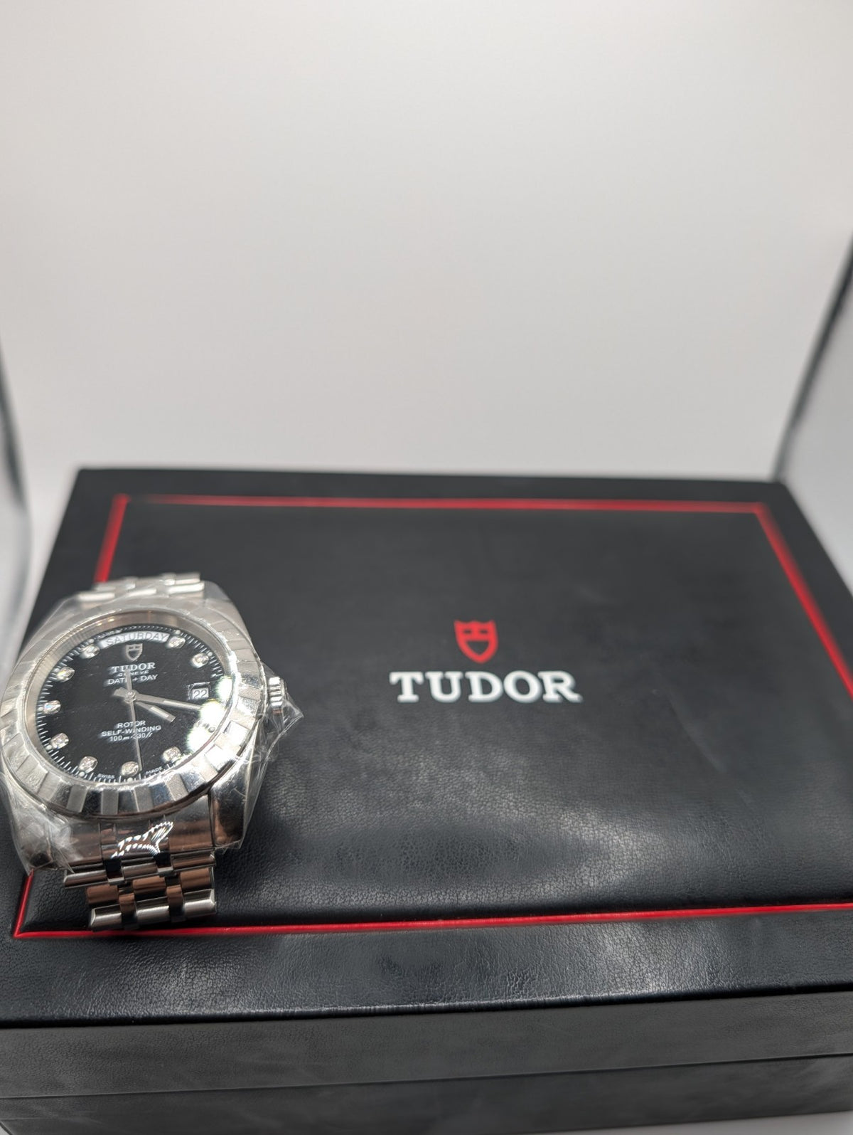 Tudor Classic Date+Day 39mm Black Factory Diamond Dial (Ref. 23010) – Box & Card