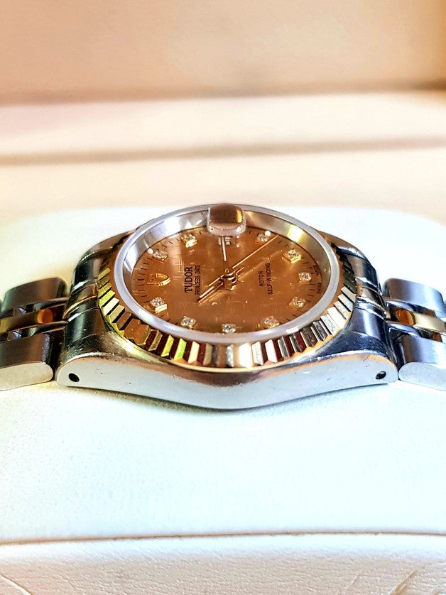 Tudor Princess Date 25mm – Two-Tone Gold Diamond Linen Dial (92413) Customized