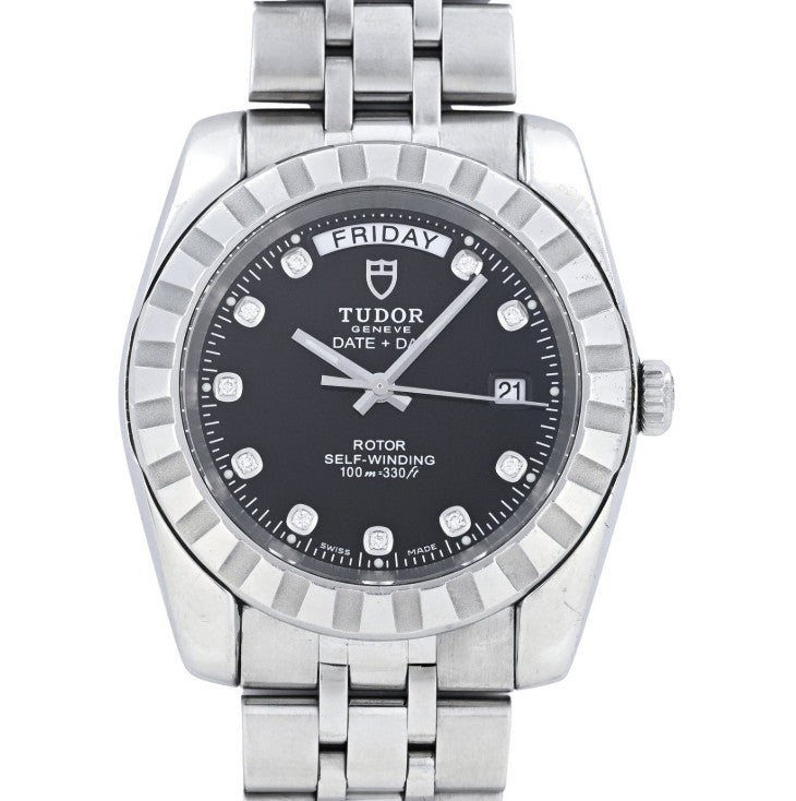 Tudor Classic Date+Day 39mm Black Factory Diamond Dial (Ref. 23010) – Box & Card