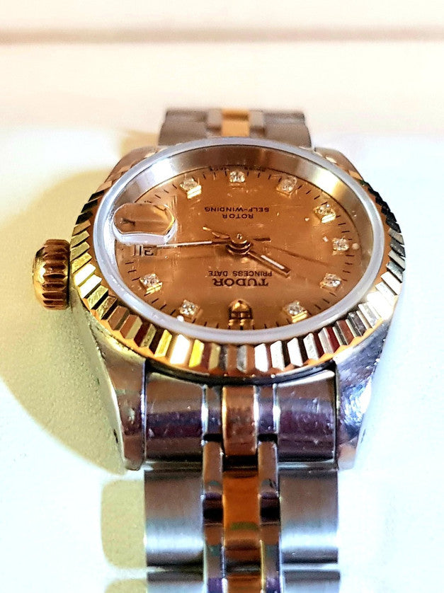 Tudor Princess Date 25mm – Two-Tone Gold Diamond Linen Dial (92413) Customized