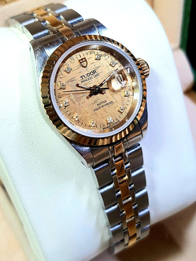 Tudor Princess Date 25mm – Two-Tone Gold Diamond Linen Dial (92413) Customized