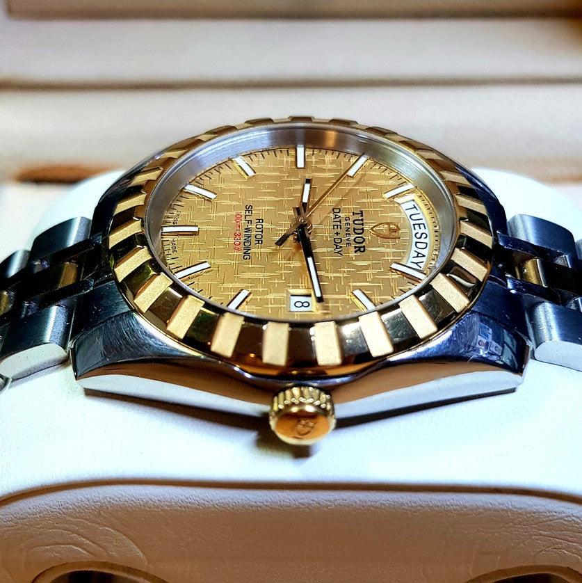 Tudor Classic Date+Day 41mm Gold Linen Dial Two-Tone Auto 23013 Customized