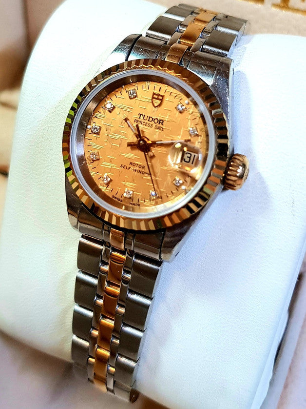 Tudor Princess Date 25mm – Two-Tone Gold Diamond Linen Dial (92413) Customized
