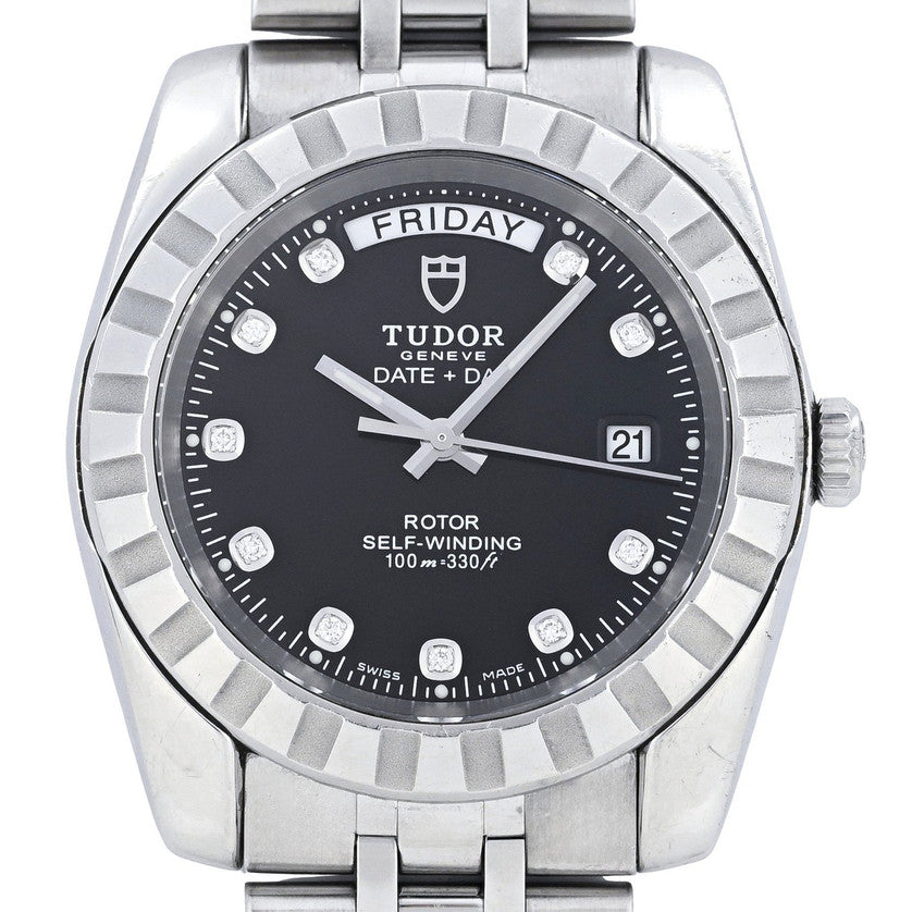 Tudor Classic Date+Day 39mm Black Factory Diamond Dial (Ref. 23010) – Box & Card