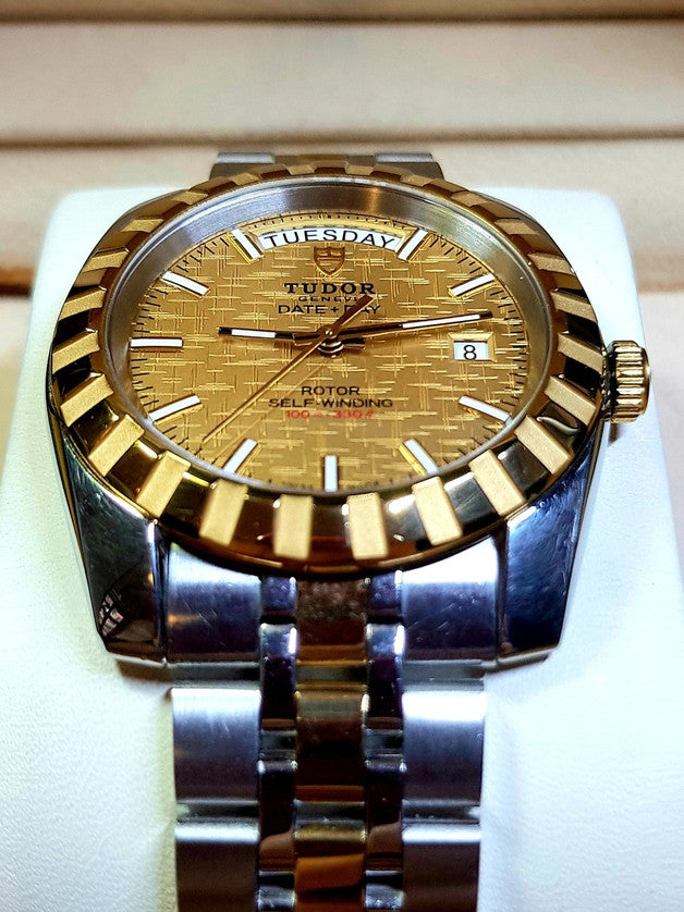 Tudor Classic Date+Day 41mm Gold Linen Dial Two-Tone Auto 23013 Customized