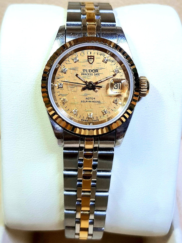 Tudor Princess Date 25mm – Two-Tone Gold Diamond Linen Dial (92413) Customized