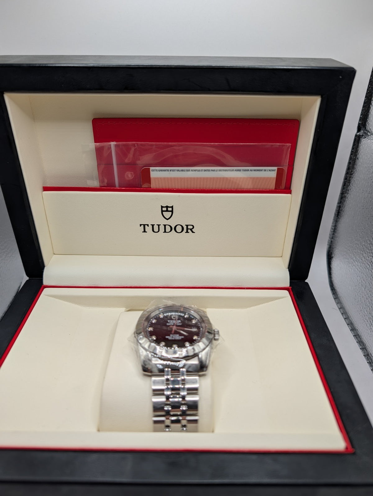 Tudor Classic Date+Day 39mm Black Factory Diamond Dial (Ref. 23010) – Box & Card
