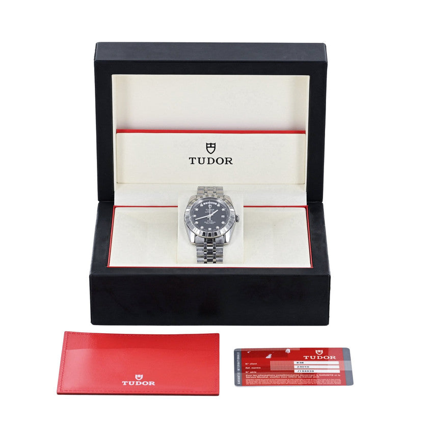 Tudor Classic Date+Day 39mm Black Factory Diamond Dial (Ref. 23010) – Box & Card