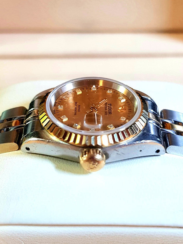 Tudor Princess Date 25mm – Two-Tone Gold Diamond Linen Dial (92413) Customized
