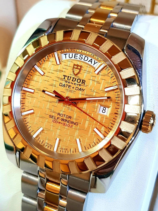 Tudor Classic Date+Day 41mm Gold Linen Dial Two-Tone Auto 23013 Customized