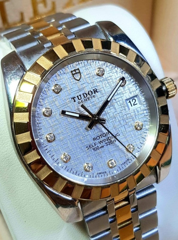 Tudor Classic Geneva 38mm Silver Diamond Linen Dial Automatic Watch Ref. 21013