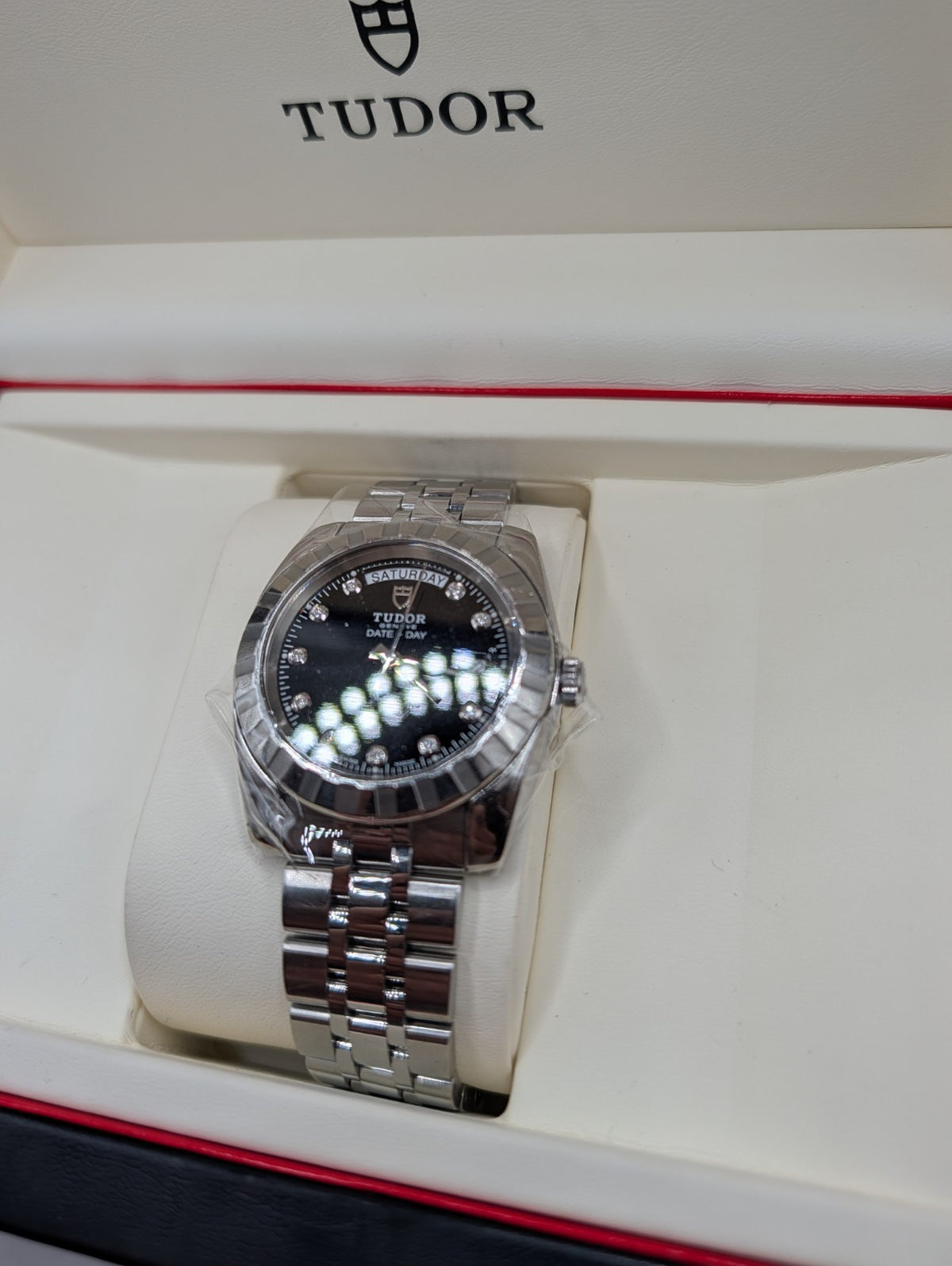 Tudor Classic Date+Day 39mm Black Factory Diamond Dial (Ref. 23010) – Box & Card