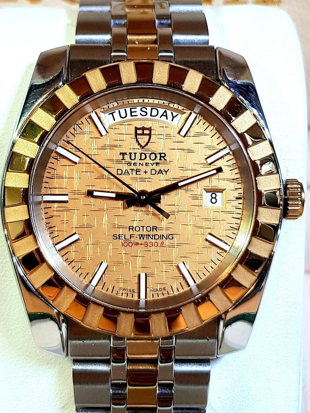 Tudor Classic Date+Day 41mm Gold Linen Dial Two-Tone Auto 23013 Customized