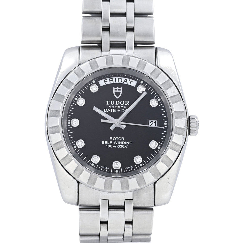 Tudor Classic Date+Day 39mm Black Factory Diamond Dial (Ref. 23010) – Box & Card
