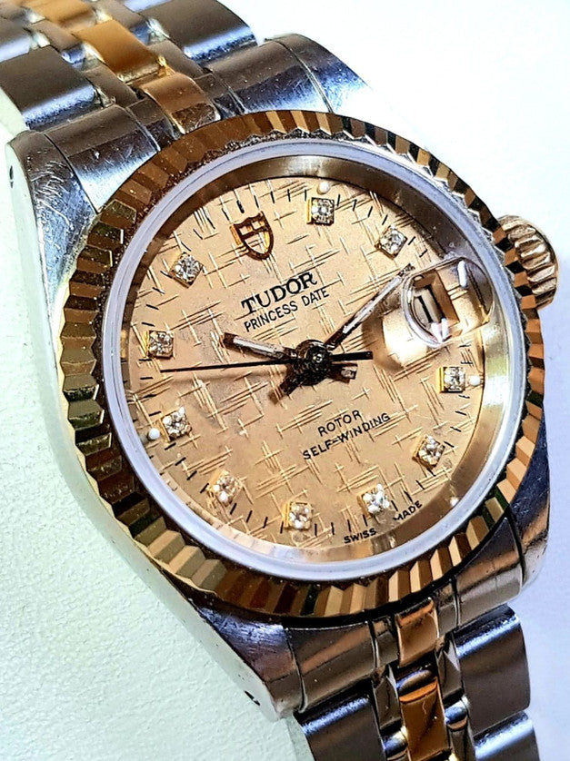 Tudor Princess Date 25mm – Two-Tone Gold Diamond Linen Dial (92413) Customized