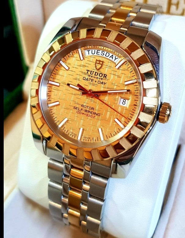Tudor Classic Date+Day 41mm Gold Linen Dial Two-Tone Auto 23013 Customized